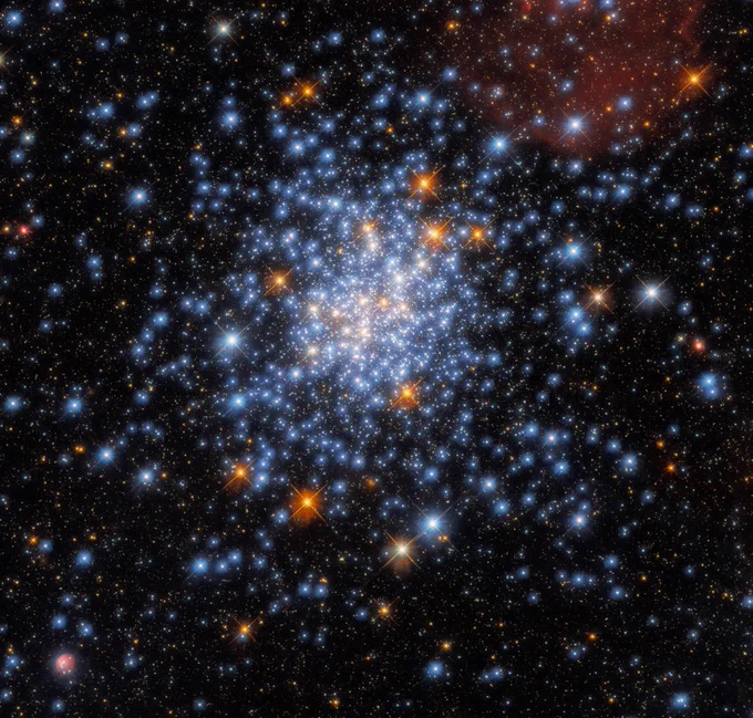 Hubble Space Telescope image of red, white and blue star cluster in deep space
