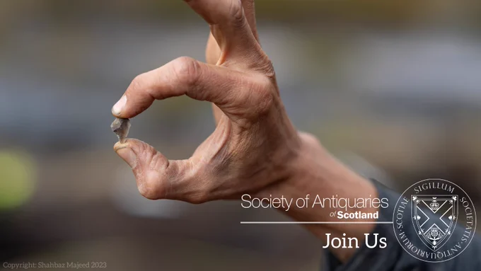 Hand holding a chipped piece of stone with the words: Society of Antiquaries of Scotland and Join Us on the image