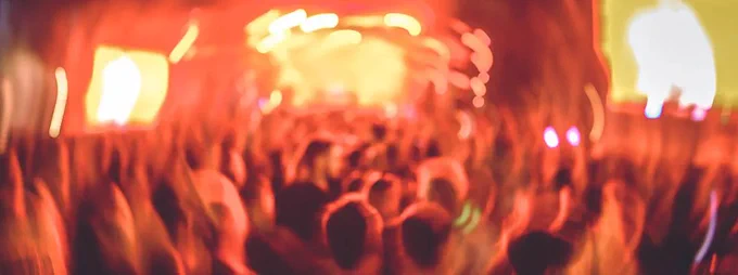 A blurry photograph showing the crowd at a music festival. 