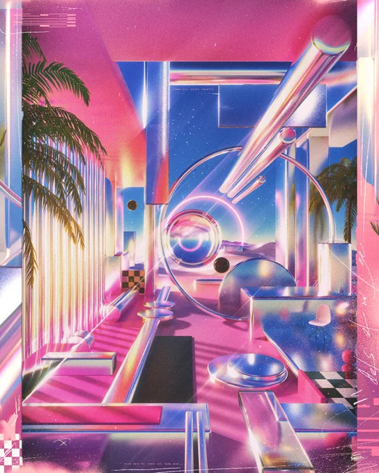 A surreal, retro-futuristic digital artwork in vibrant neon hues of pink, blue, and purple. The scene features a dreamlike interior with palm trees, chrome pipes, glass spheres, checkerboard patterns, and geometric furniture, all glowing under a cosmic sky. 