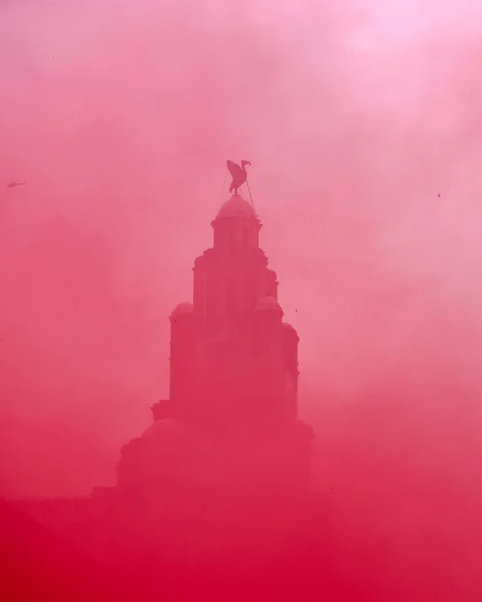 Photography of the Liver building during Liverpool's title parade.