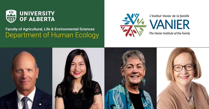 Logos of the University of Alberta and The Vanier Institute of the Family are displayed above portraits of four individuals, each smiling, representing diverse age groups.