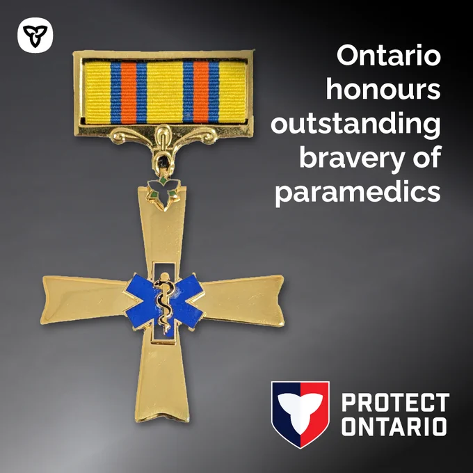Icon of the Ontario Medal for Paramedic Bravery. Image Text: Ontario honours outstanding bravery of paramedics.
