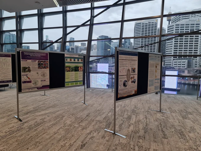 Poster boards in the foyer overlooking Darling Harbour and the city. 