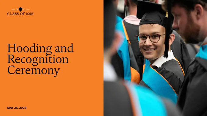 the words "hooding and recognition ceremony" next to a graduate alumnus who has been hooded