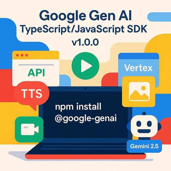A modern flat design scene of a dev desk with a screen showing “npm install @google-genai.” Surrounding icons represent TTS, video, image generation, and AI, styled in Google’s colors. Bright, clean layout with soft vector shapes and browser labels.