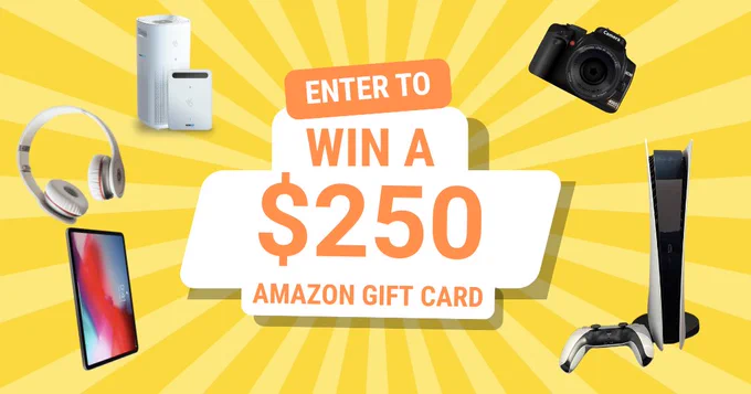 Promotional image with a bright yellow background featuring a central white and orange banner that reads 'Enter to win a $250 Amazon gift card.' Surrounding the banner are images of various tech gadgets including wireless headphones, a tablet, a smart home device, a digital camera, and a gaming console with a controller.
