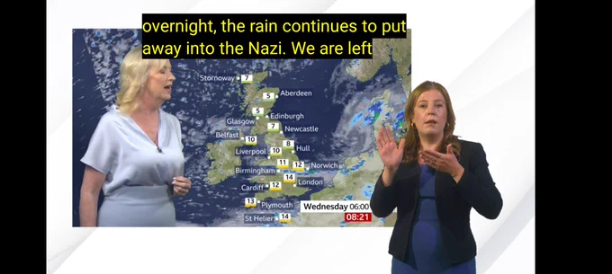 Screenshot of the weather report showing the subtitles with the text "the rain continues to put away into the Nazi"