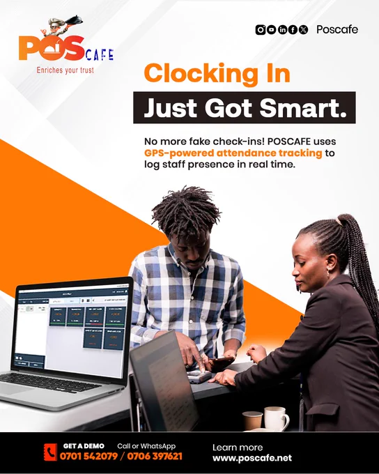 Are you tired of attendance guesswork? 🚫⏰ POSCAFE delivers GPS-powered solutions to verify staff presence live. Your attendance system just got an upgrade! 🚀 🤔Say goodbye to inaccurate attendance records!

Best for restaurants, hotels, cafes, motels among others.

Contact us for a free demo!

📞0701 542079 / 0706 397621.
Visit www.poscafe.net

#POSCAFE #SmartAttendance #GPSTracking #NugsoftSoftware

