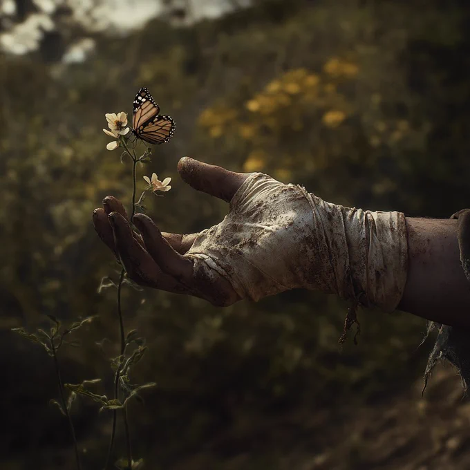 A dirt-covered, bandaged hand gently holds a flower with a butterfly perched on it, set against a blurred natural background.