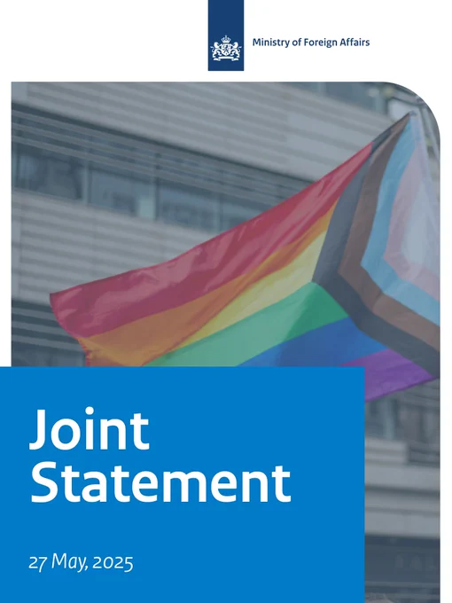 Joint statement, 27 May, 2025. Visual that includes the waving Progress Flag and the logo of the Dutch Foreign Ministry.