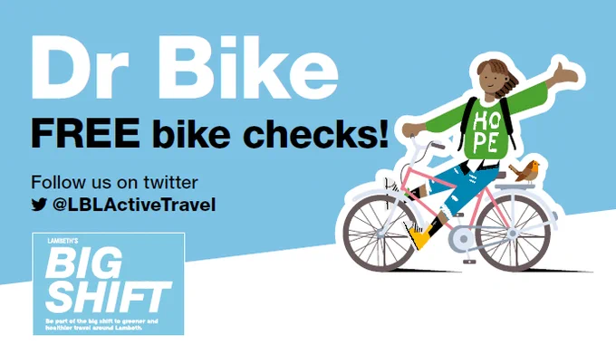Image of a cyclist. Dr Bike FREE bike checks. Follow us on twitter @LBLActiveTravel