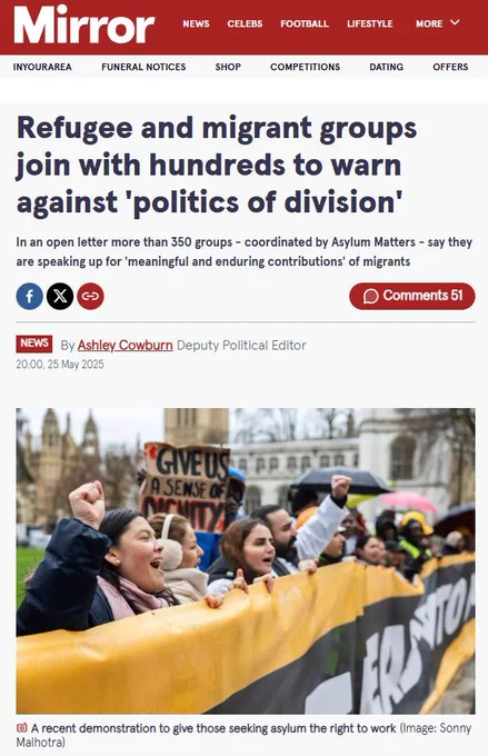 Headline from the Mirror newspaper reads "refugee and migrant groups join with hundreds to warn again 'politics of division' 