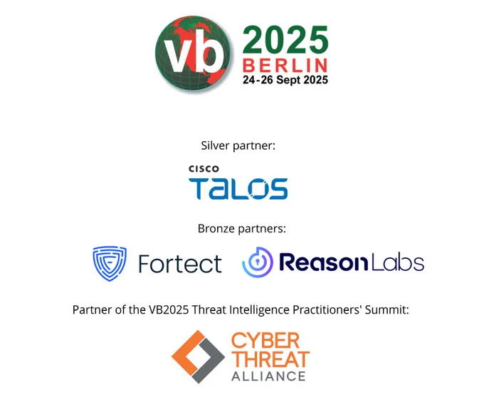 Logos of the partners of VB2025 Berlin. Silver partner Cisco Talos; Bronze partners Fortect & ReasonLabs; partner of the VB2025 Threat Intelligence Practitioners' Summit the Cyber Threat Alliance.