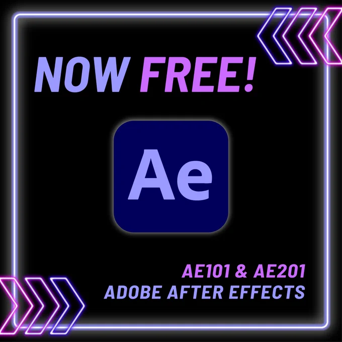 Image of text that reads: “Now Free! AE101 & AE201 Adobe After Effects” Adobe After Effects logo.