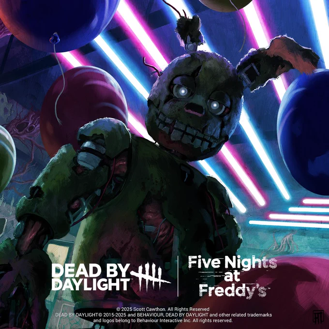 Springtrap against a background of neons and balloons. The Dead by Daylight and Five Nights at Freddy's logos are placed side by side.