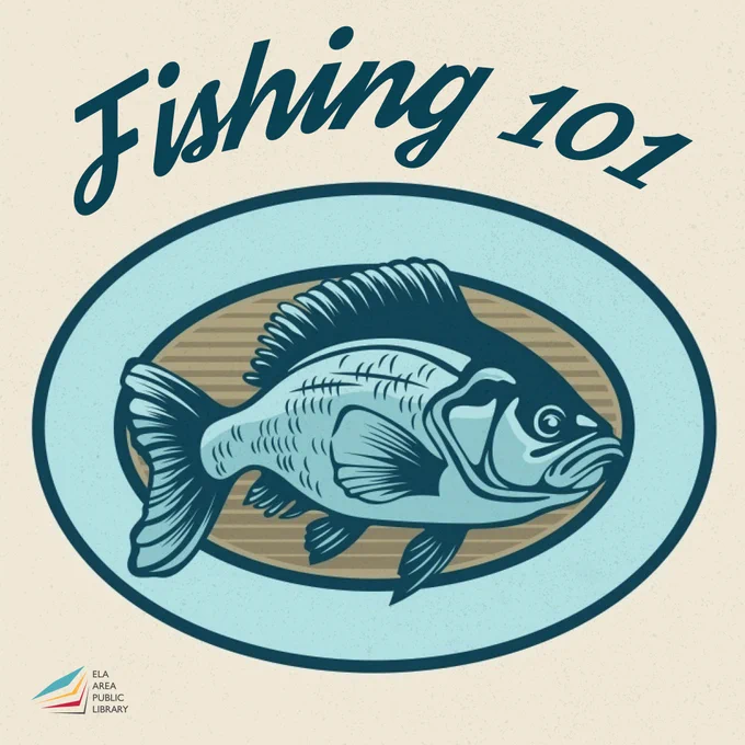 Text reads: Fishing 101 Image is an illustration of a wall-mounted fish in a light blue and beige color scheme