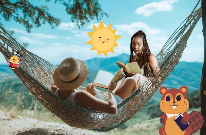 An illustration of a beaver with a book, a sun, a bee with a book, and two people in a hammock with books.