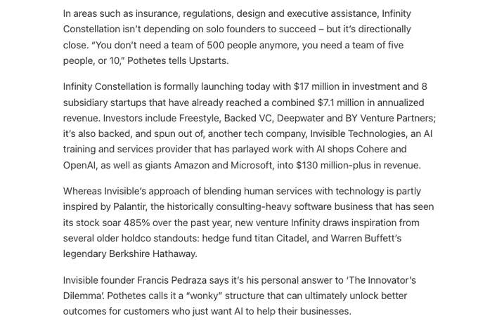 Infinity is launching with $17M in funding and 8 startups making $7M in annualized revenue.