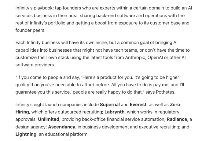 Infinity's startups include Supernal, Everest, Zero Hiring, Labryth, Unlimited, Radiance, Ascendancy and Lightning.