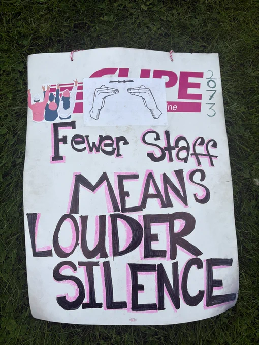 CUPE 2073 sign with outlines of 3 people from behind, raising their arms,  and of hands signing. Large text that reads "Fewer Staff means Louder Silence".