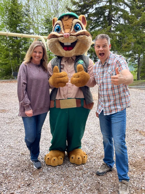 @NHStateParks mascot Chumley the Chipmunk with @ErinWMUR and @sean_wmur celebrating 90 years of #NH #StateParks!
