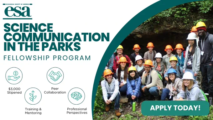 a promotional image for the program, showing a group of ecology students posing outside a research site at a national park