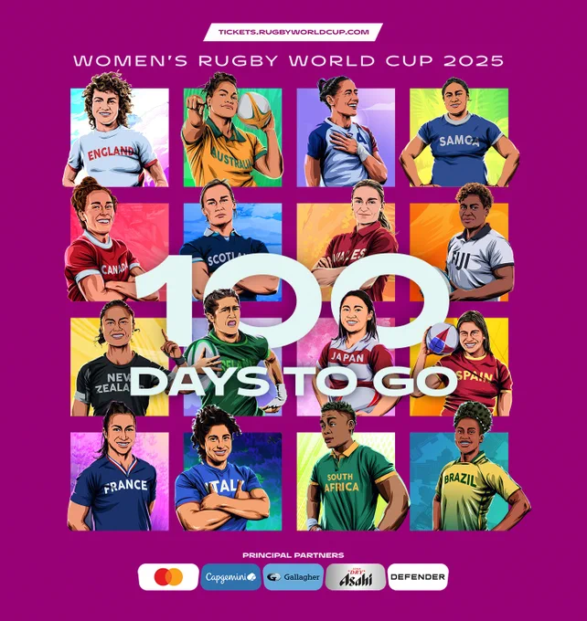 16 squares filled with illustrations of players part of the women's rugby world cup. Text is overlaid which says '100 days to go'