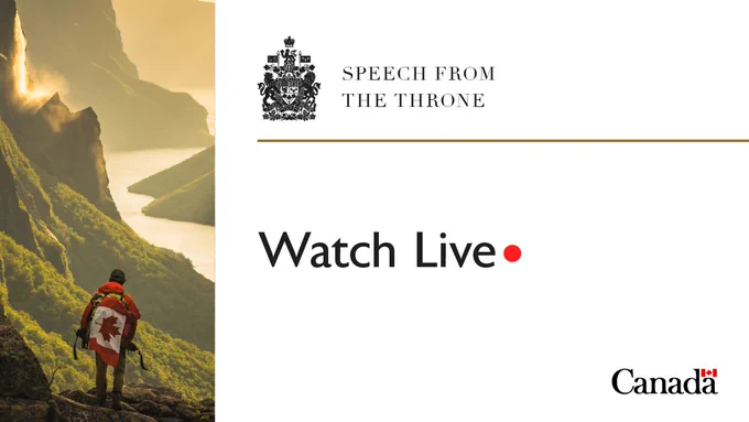 A backpacker stands atop a rock with the Canadian flag draped over their backpack, overlooking a sunrise at Gros Morne National Park, Newfoundland and Labrador. Text: Speech from the Throne. Watch Live.