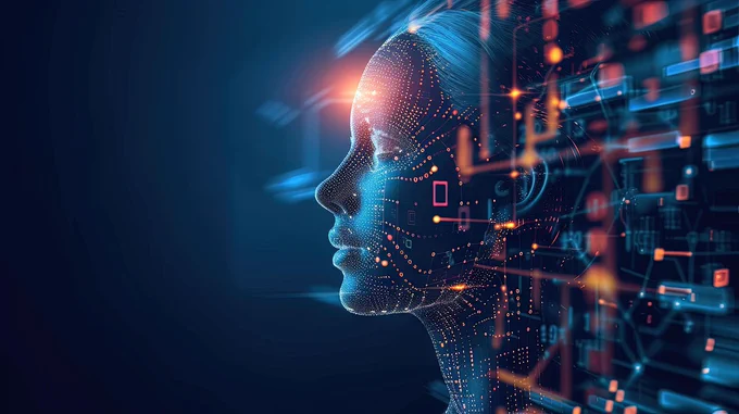 This image shows a womans face with digital connections around her.