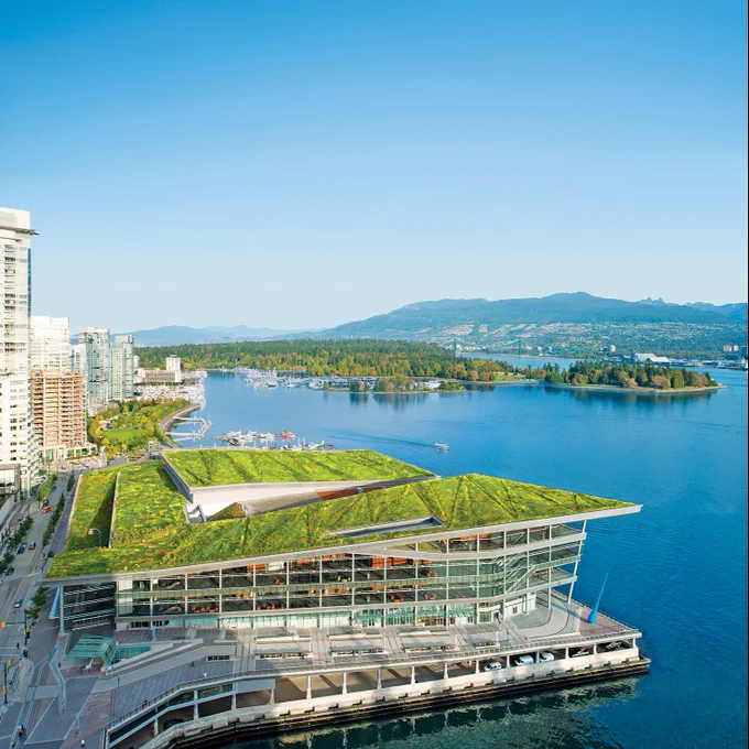 An aerial photo of the Vancouver Convention Centre in downtown Vancouver, BC.