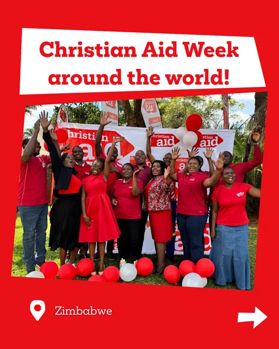 Graphic with photo of the Zimbabwe team dressed in red and the text: Christian Aid Week around the world!
