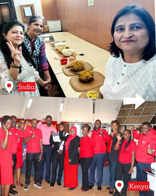 Photos of the India team in front of a lunch and a photo of the Kenya team dressed in red.