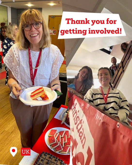 Photos the UK team at a bake sale and standing on the stairs with the text: Thank you for getting involved!