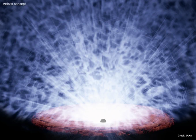 An artist’s concept of the supermassive black hole PDS 456 depicts high-speed winds being ejected from the vicinity of the black hole, which is represented by a small grey half-circle near the bottom of the image. The black hole is embedded in the center of a swirling, pancake-shaped accretion disk (in brown) surrounded by a bright glow that dims toward the edges of the image. The wind emanates outward above this disk, represented by translucent white streaks and clumpy clouds. The image is watermarked with “Artist’s concept” and “Credit: JAXA.”
