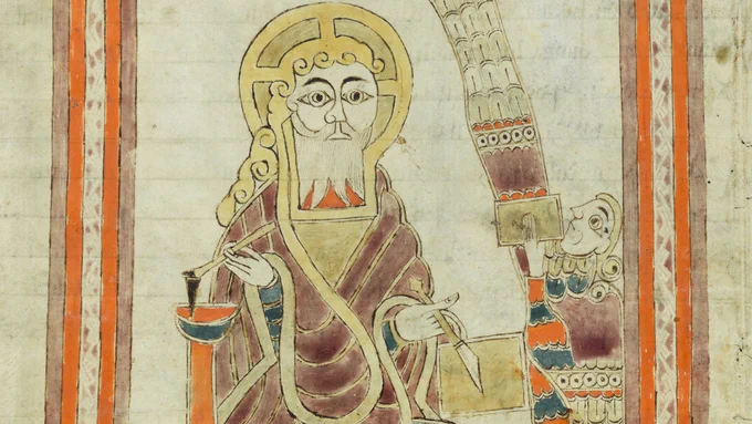 Detail showing St Matthew applying a scribal knife or scraper to a page and dipping his pen in an inkwell (Cod. Sang. 1395, p. 418). © Stiftsbibliothek, St. Gallen