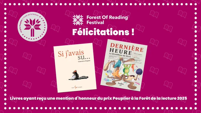 A magenta and white Forest of Reading Fête graphic with two book covers. Text reads: “Félicitations !"