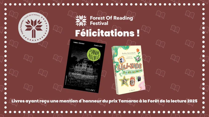 A brown and white Forest of Reading Fête graphic with two book covers. Text reads: “Félicitations !"