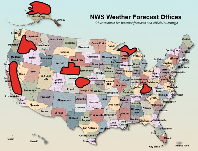 Map of local National Weather Service office "areas of responsibility" modified (using polygons with black outlines and red fill) to indicate where recent/expanding cuts to NOAA/NWS have resulting in understaffing so extreme that some offices can not longer operate on a 24/7 basis.