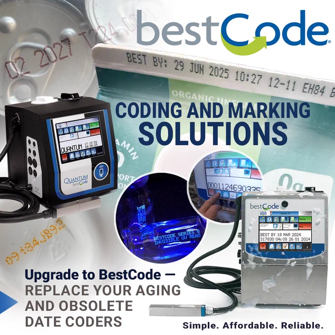 Still relying on an outdated date coder? It’s time for an upgrade to BestCode. BestCode delivers coding and marking industrial printing systems designed to replace aging, obsolete equipment. BestCode systems are simple, affordable, and reliable, low-maintenance solutions — all engineered and built in the USA 🇺🇸.
Whether you're printing lot codes, expiration dates, or sell-by information, our systems offer:
✅ Real-time, true non-contact, high-speed printing
✅ Crisp, clear codes on a variety of substrates
✅ Fast dry, precision printing in a rainbow of colors
✅ Reduced downtime and maintenance
✅ Seamless integration into existing lines
Stop repairing the past — start coding the future with BestCode.
🔧 Ready to upgrade? Let’s talk.
👉 Call 817.349.8555 or email info@bestcode.co today.
🔗 Learn more: https://www.bestcode.co/reliable-simple-affordable
