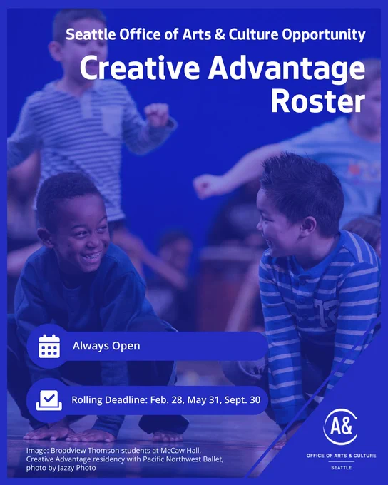 Two kids play leapfrog on stage. Text reads "Creative Advantage Roster."
