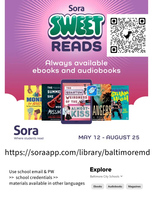 FREE summer reading program SORA with school district credentials 