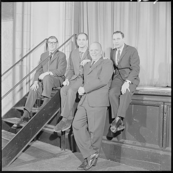 Charles Strouse, Lee Adams, Joshua Logan & Mel Brooks at rehearsals for the stage production of  ALL AMERICAN