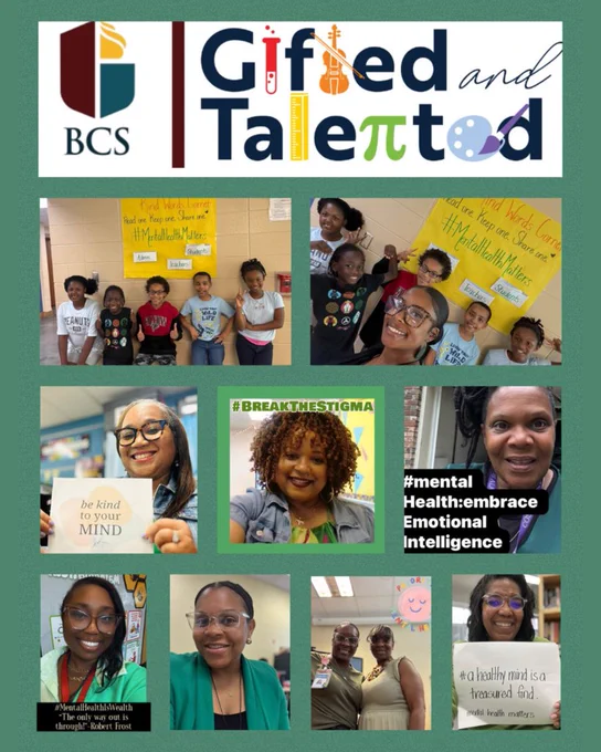 Faculty members and several scholars from the BCS Gifted and Talented Education Program showed support for our district's observance of Mental Health Awareness Day by wearing green and creating signs to raise awareness of the importance of mental health and wellness. 
