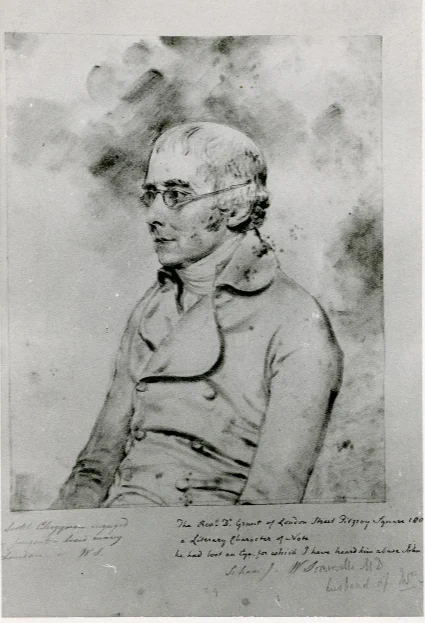 A sketch of a gentleman in a fancy coat and glasses.