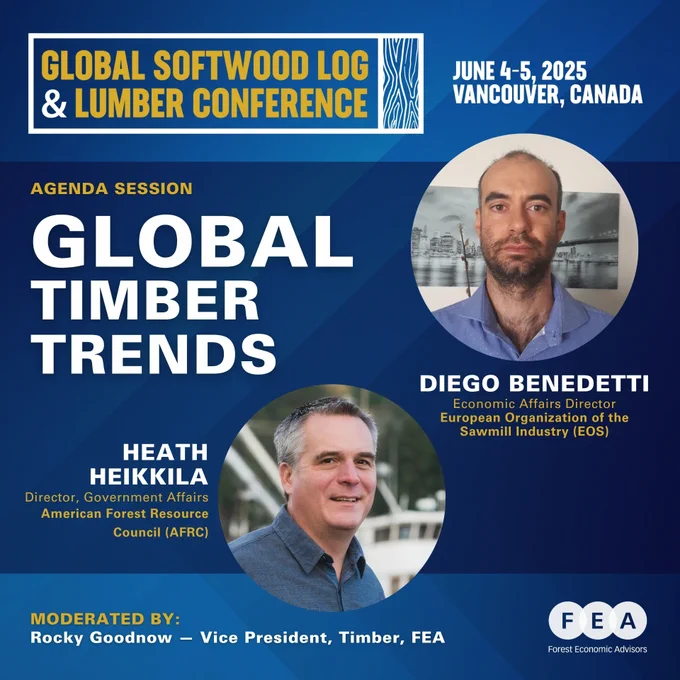 Graphic describing the "Global Timber Trends" session at the Global Softwood Log and Lumber Conference. Headshots of Heath Heikkila and Diego Benedetti are featured. The moderator is Rocky Goodnow.