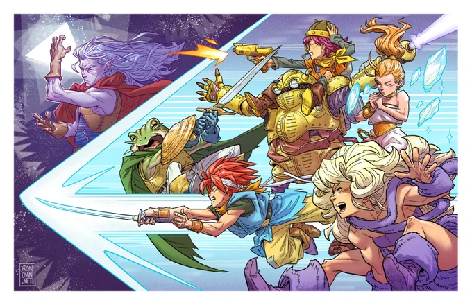 Color art of the main Chrono Trigger cast. Crono flies across the image using his falcon strike attack, the energy coming from his katana dividing the image into two distinct parts, a purple side which has Magus casting a spell, and a blue side with the rest of the cast leaping into action with Crono in action poses. Lucca fires her gun, Robo has a laser coming out from his arm, Marle casts an ice spell, Frog holds his sword in a leaping attack, and Ayla leaps forward.
