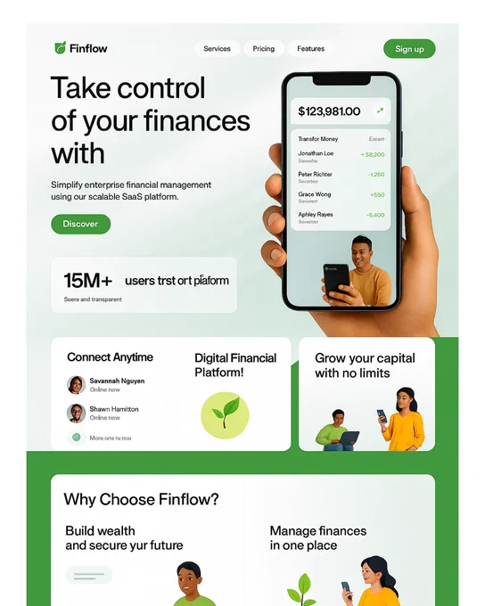 Landing page hero section for Finflow, a digital finance platform. The design features a clean layout with a bold "Sign up" button in green, clear CTA, modern UI components, a featured mobile app interface on the right, and an extended bottom section showcasing benefits and features. Background gradients and soft visuals highlight innovation and user trust.