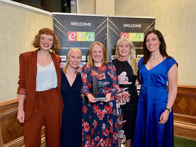 Members of the OUP Primary Editorial and Design team with the ERA Award for Readerful, winning best Primary Resource or Equipment Non-ICT at the 2025 awards ceremony.