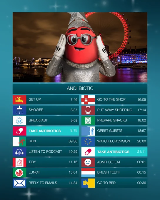 Andi Biotic appears in a flamboyant silver costume, wearing a pair of glasses, above a timetable for the day of Eurovision